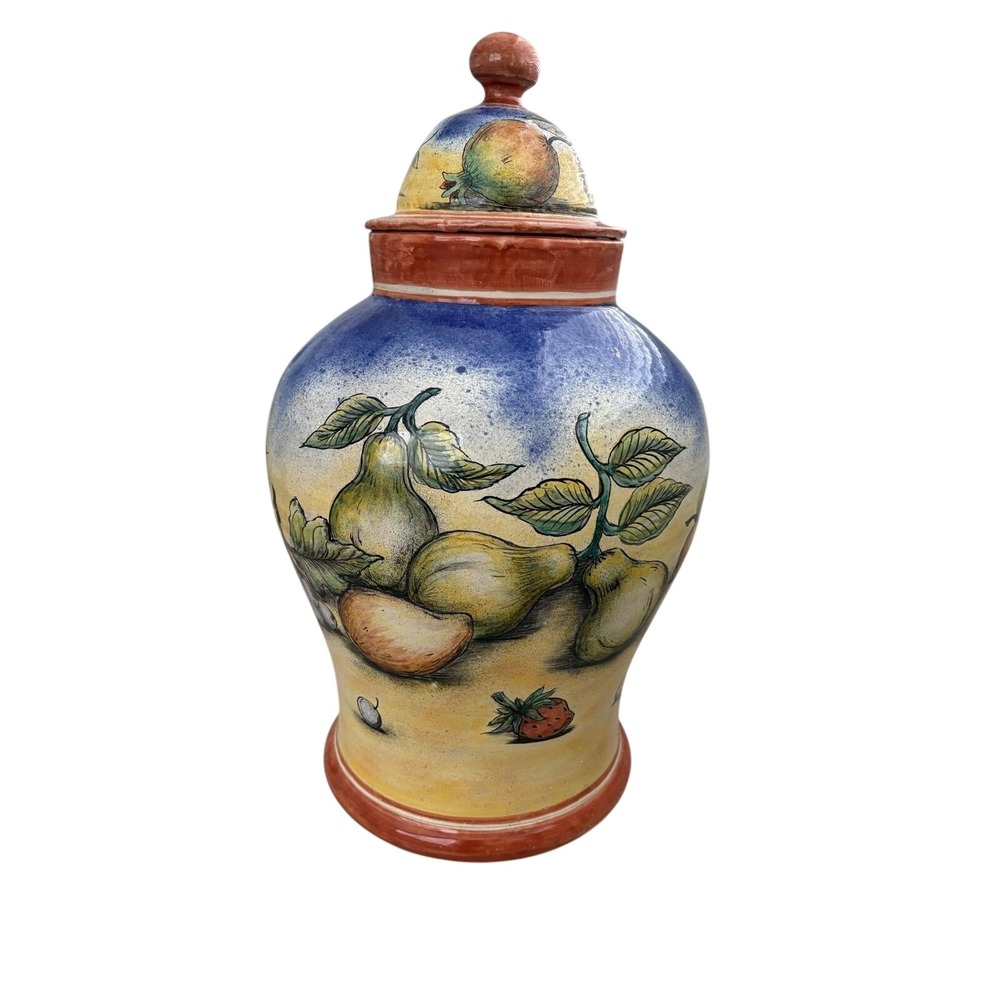 VTG Large Hand Painted Italian Ceramic Ginger Jar Fruit Motif Lidded Urn 18.5"